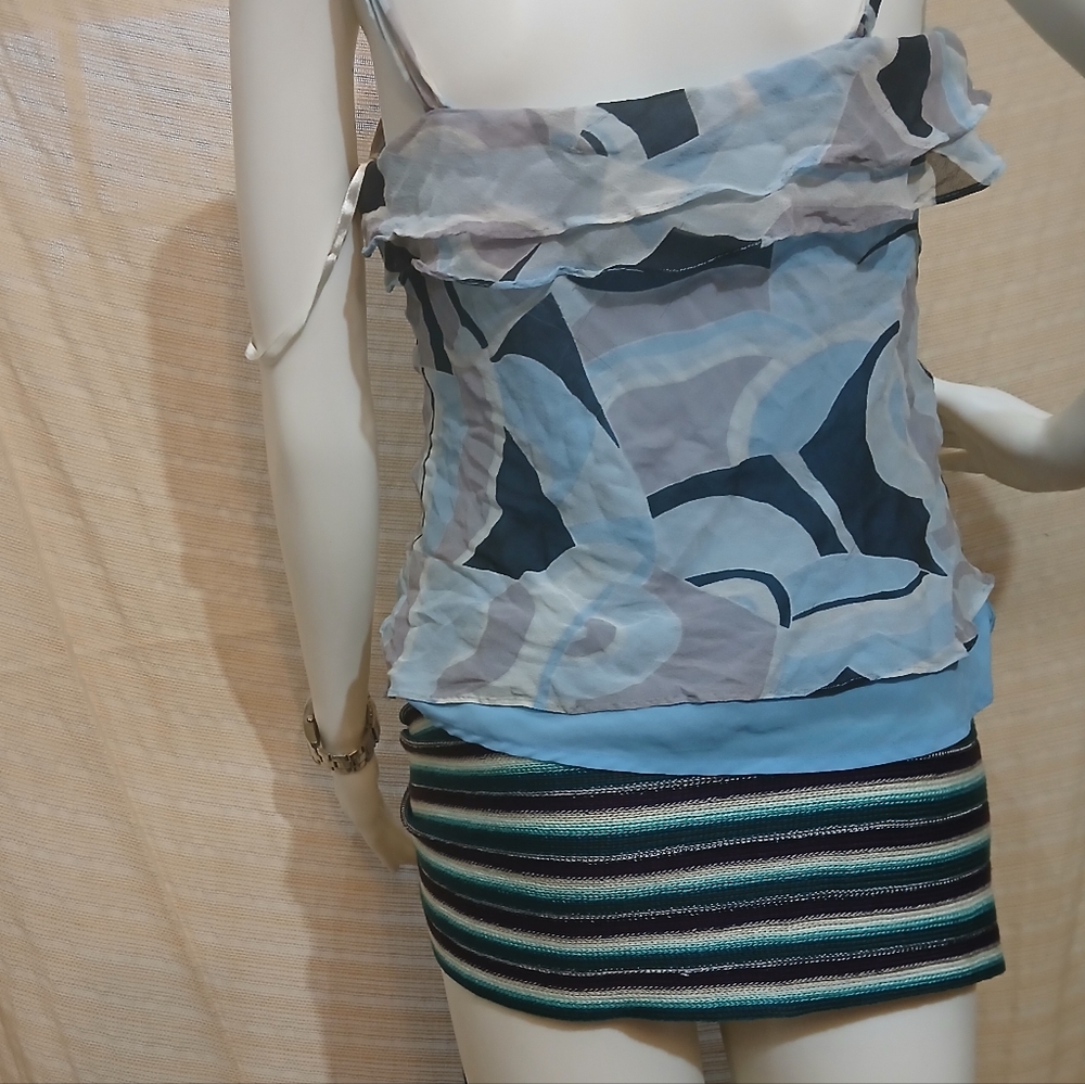 Vintage 90's -Express- Blue/Black & Grey 100% Silk Camisole- Scarf Not Included - Picture 4 of 9